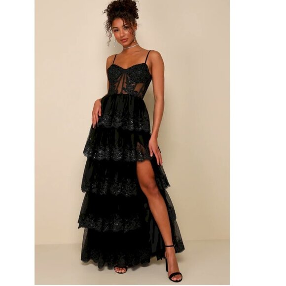 Lulus Alluring Sensation Black Tulle Embroidered Tiered Maxi Dress Small - Picture 3 of 11